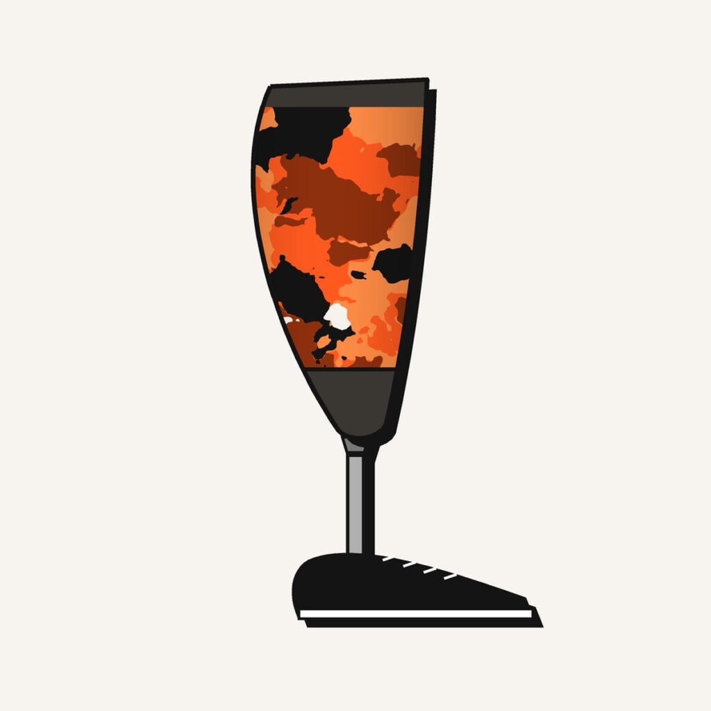 Blaze Camo Prosthetic Leg Cover, illustration of the printed cover on the outside of a below-knee prosthesis