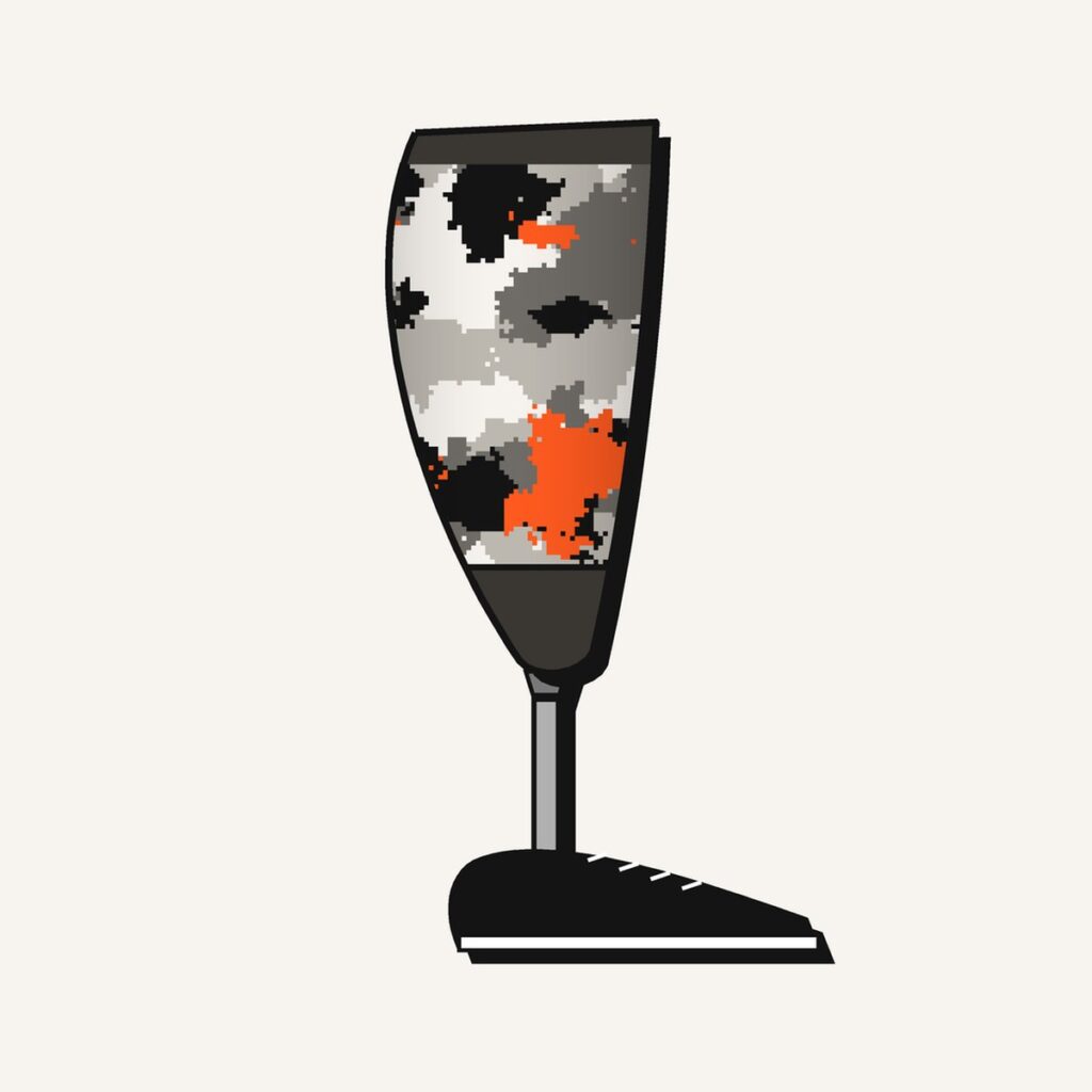 Digital Camo Prosthetic Leg Cover, illustration of the printed cover on the outside of a below-knee prosthesis