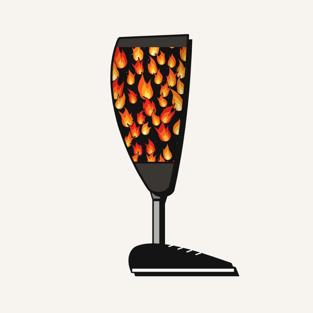Flames Prosthetic Leg Cover, illustration of the printed cover on the outside of a below-knee prosthesis