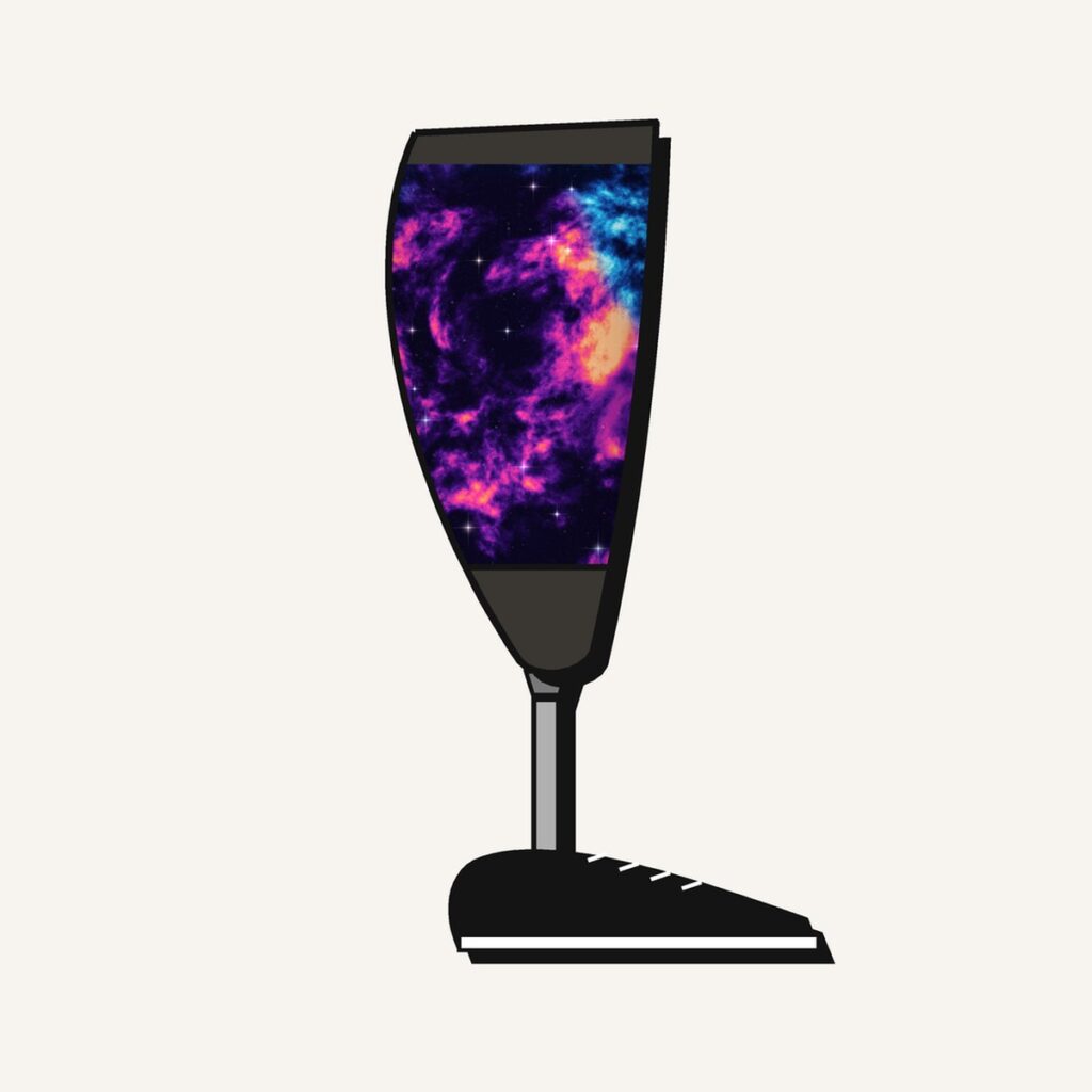 Galaxy Prosthetic Leg Cover, illustration of the printed cover on the outside of a below-knee prosthesis