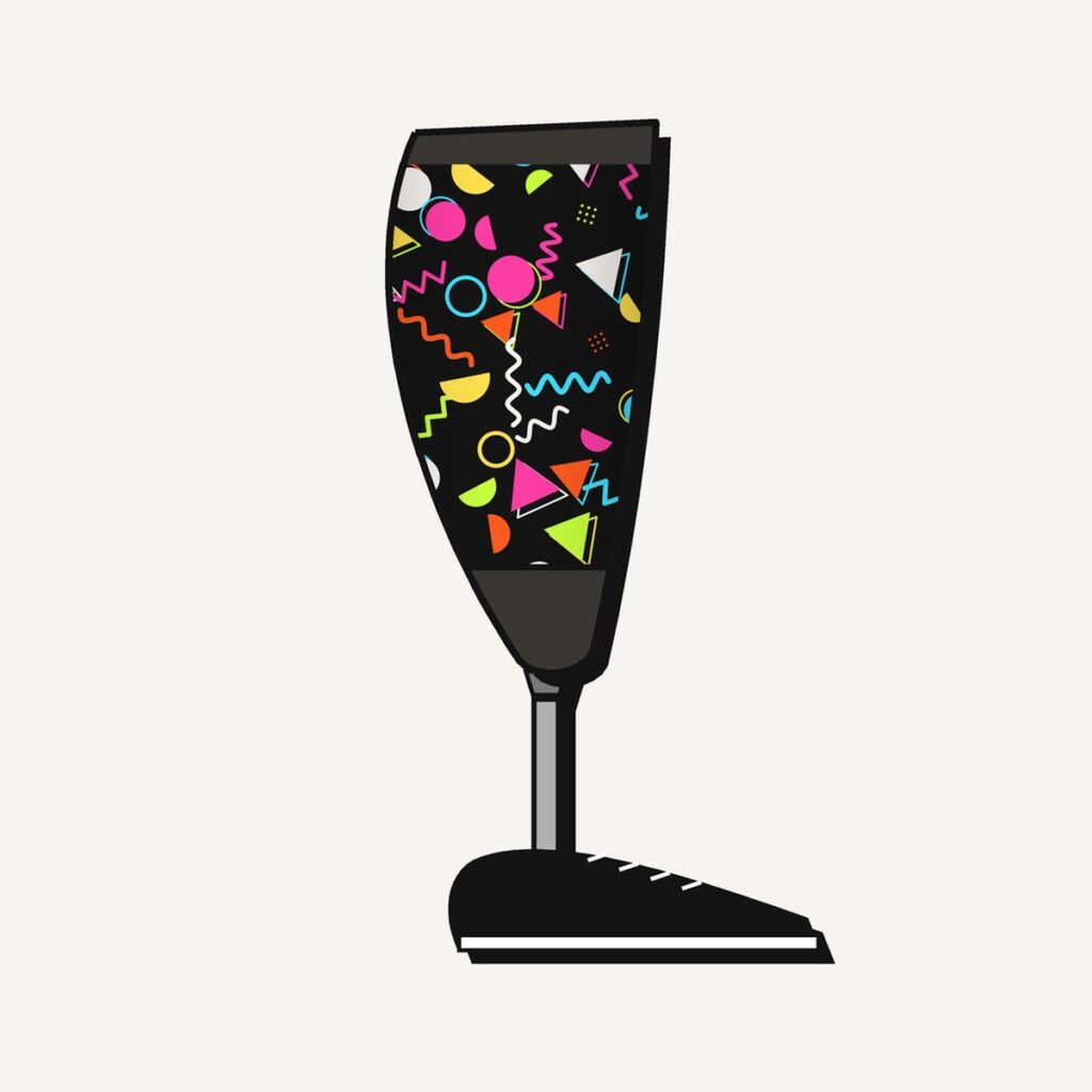 Neon Memphis Prosthetic Leg Cover, illustration of the printed cover on the outside of a below-knee prosthesis