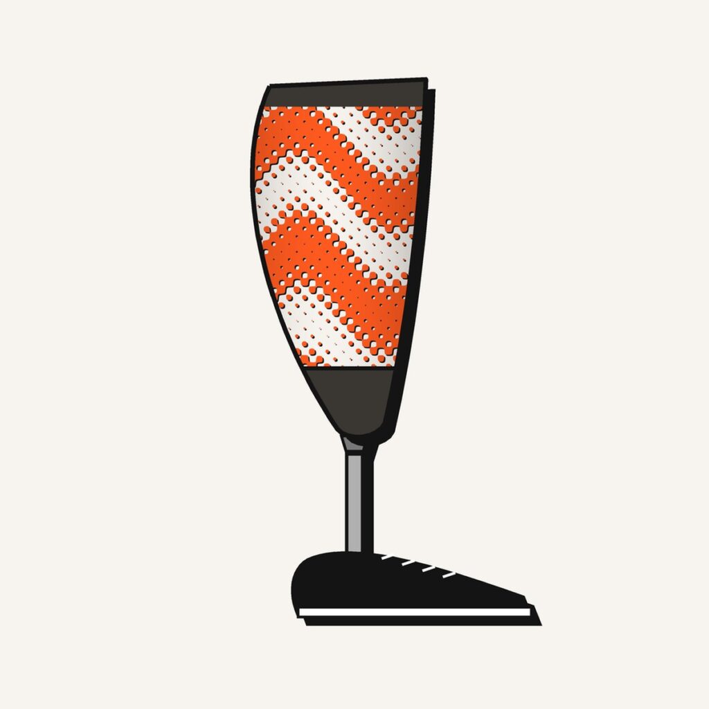 Orange Wave Prosthetic Leg Cover, illustration of the printed cover on the outside of a below-knee prosthesis