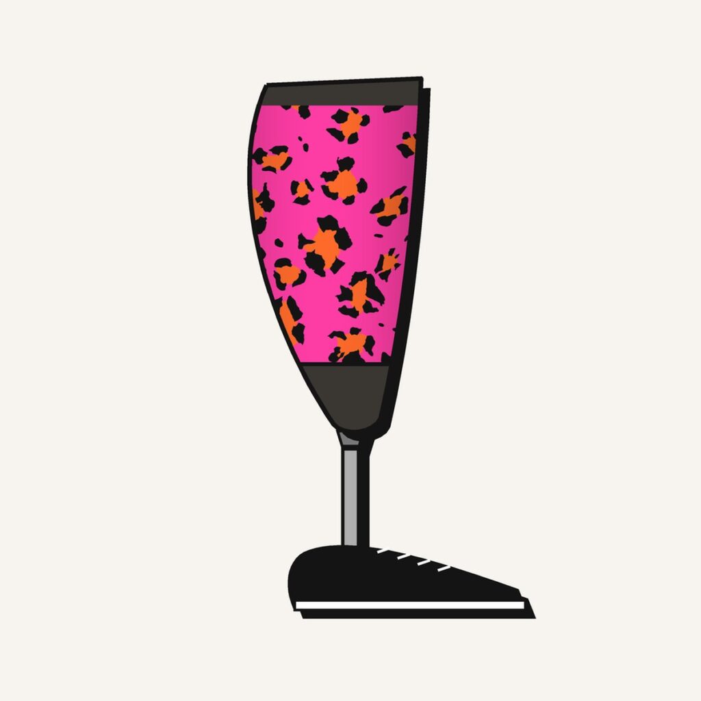 Pink Leopard Prosthetic Leg Cover, illustration of the printed cover on the outside of a below-knee prosthesis