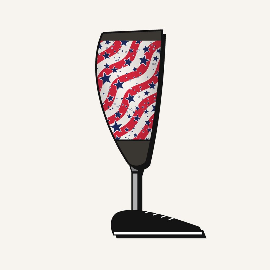 Stars & Stripes Prosthetic Leg Cover, illustration of the printed cover on the outside of a below-knee prosthesis