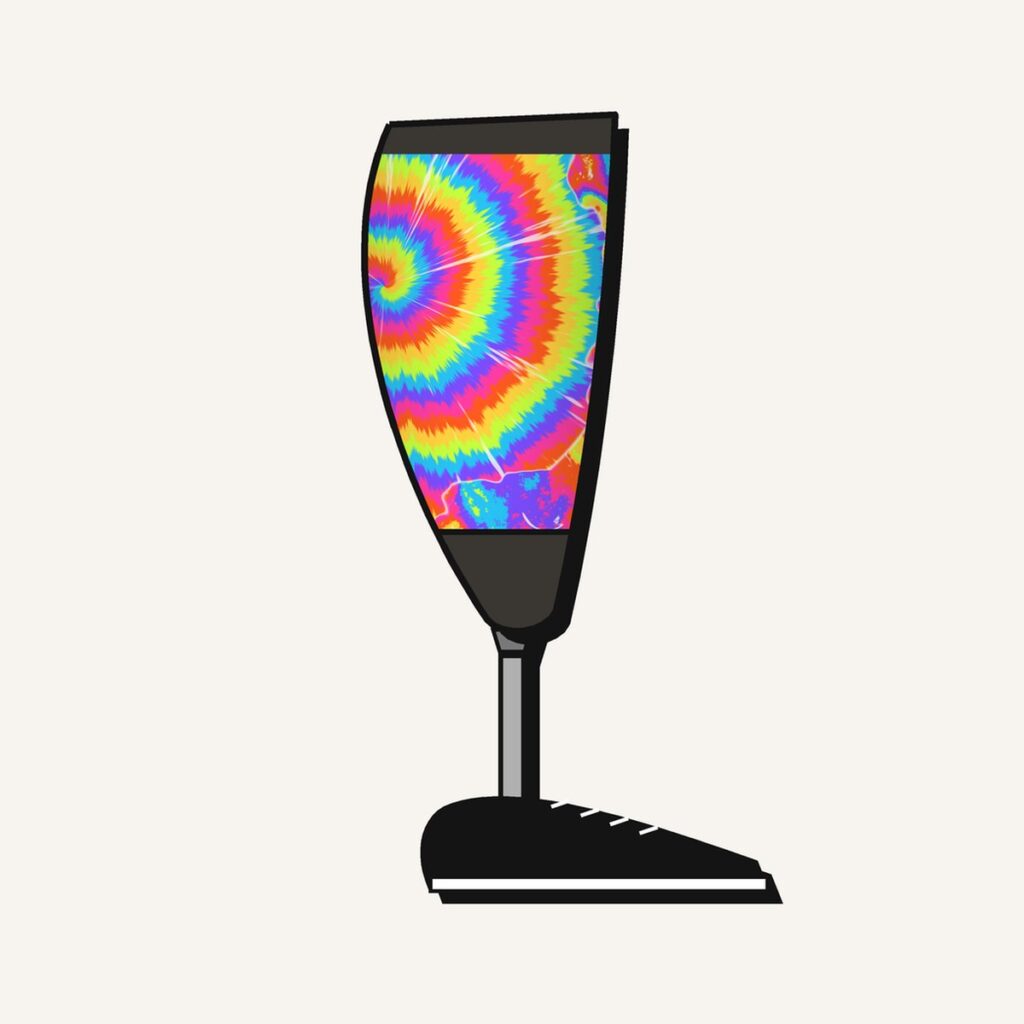 Tie-Dye Spiral Prosthetic Leg Cover, illustration of the printed cover on the outside of a below-knee prosthesis