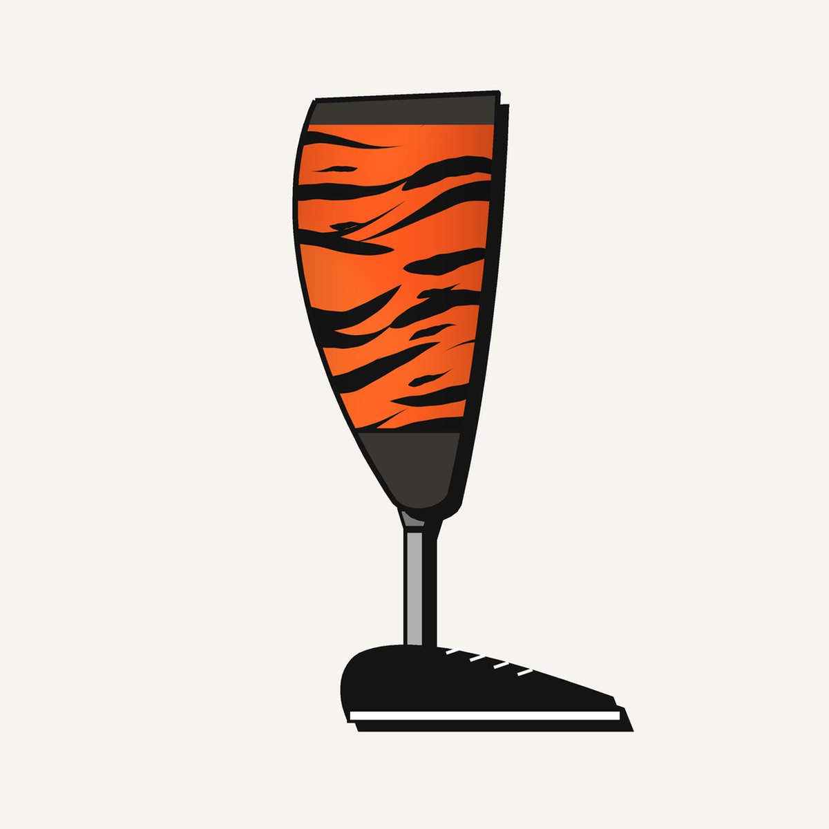 Tiger Stripes Prosthetic Leg Cover, illustration of the printed cover on the outside of a below-knee prosthesis