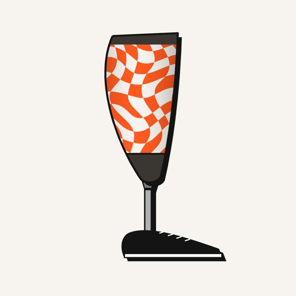Warped Checker Prosthetic Leg Cover, illustration of the printed cover on the outside of a below-knee prosthesis